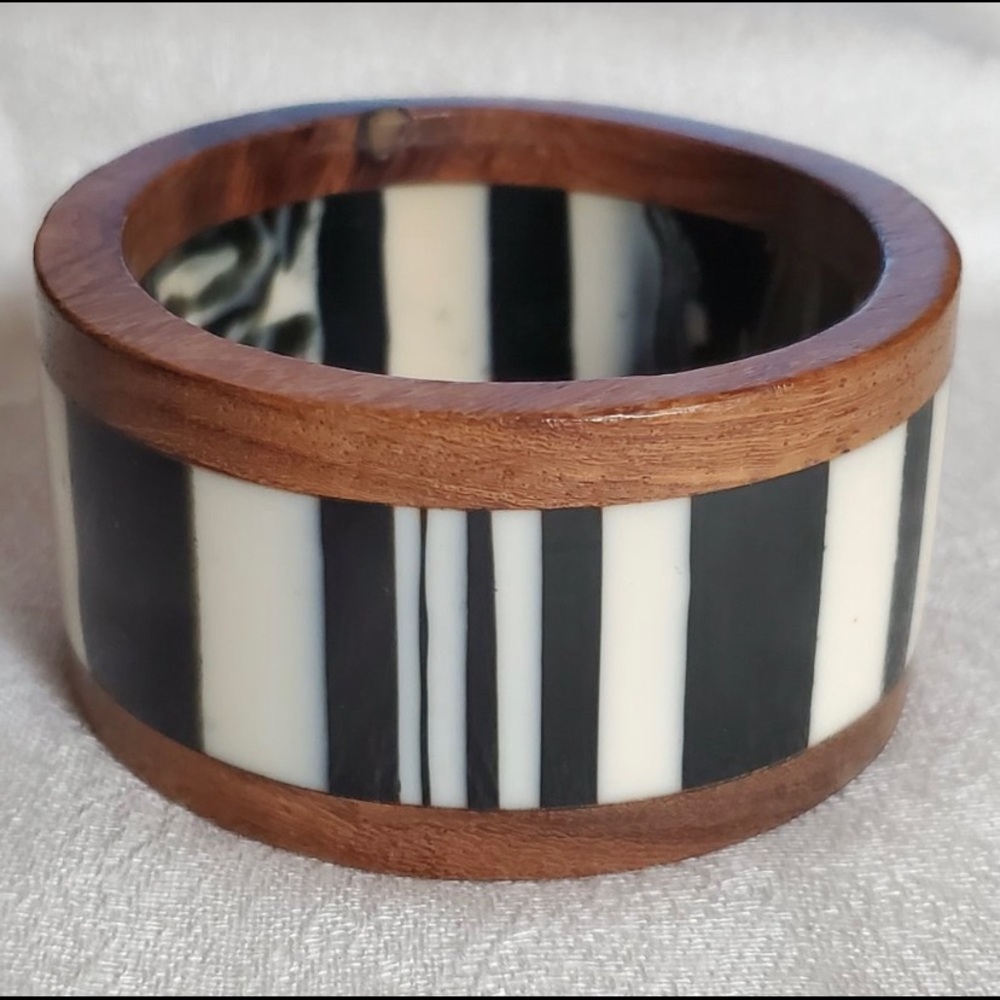 Brown Wood Black White Bangle Bracelet